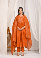 Solid Sequin Embroidered A-Line Pleated Kurta with Pant & Dupatta - Mustard
