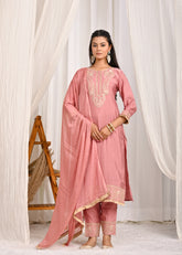 Solid Ethnic Dori Embroidered Straight Fit Silk Kurta with Pant & Dupatta - Pink