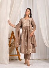 Floral Chikankari A-Line Pleated Cotton Kurta with Pant & Dupatta - Mouse Grey
