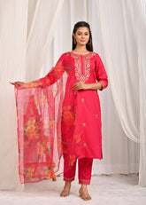 Solid Floral Embroidered Straight Kurta with Pant & Organza Printed Dupatta - Pink