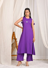 Solid Mirror Embroidered A-Line Co-ord Set - Purple