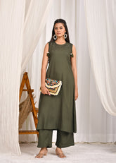 Solid Mirror Embroidered A-Line Co-ord Set - Green