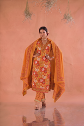 Floral Block Print Straight Fit Cotton Suit Set -Yellow