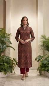 Ajrakh Printed & Embroidered Straight Fit Kurta with Pant - Maroon