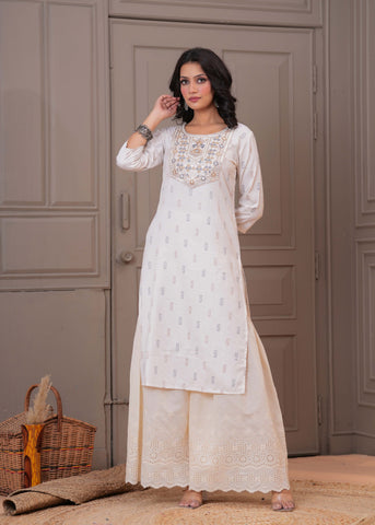 Ethnic Woven & Mirror Embroidered Straight Fit Kurta - Off White
