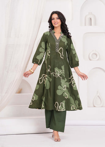 Green Abstract Embroidered A-Line Kurta with Palazzo - Set of 2