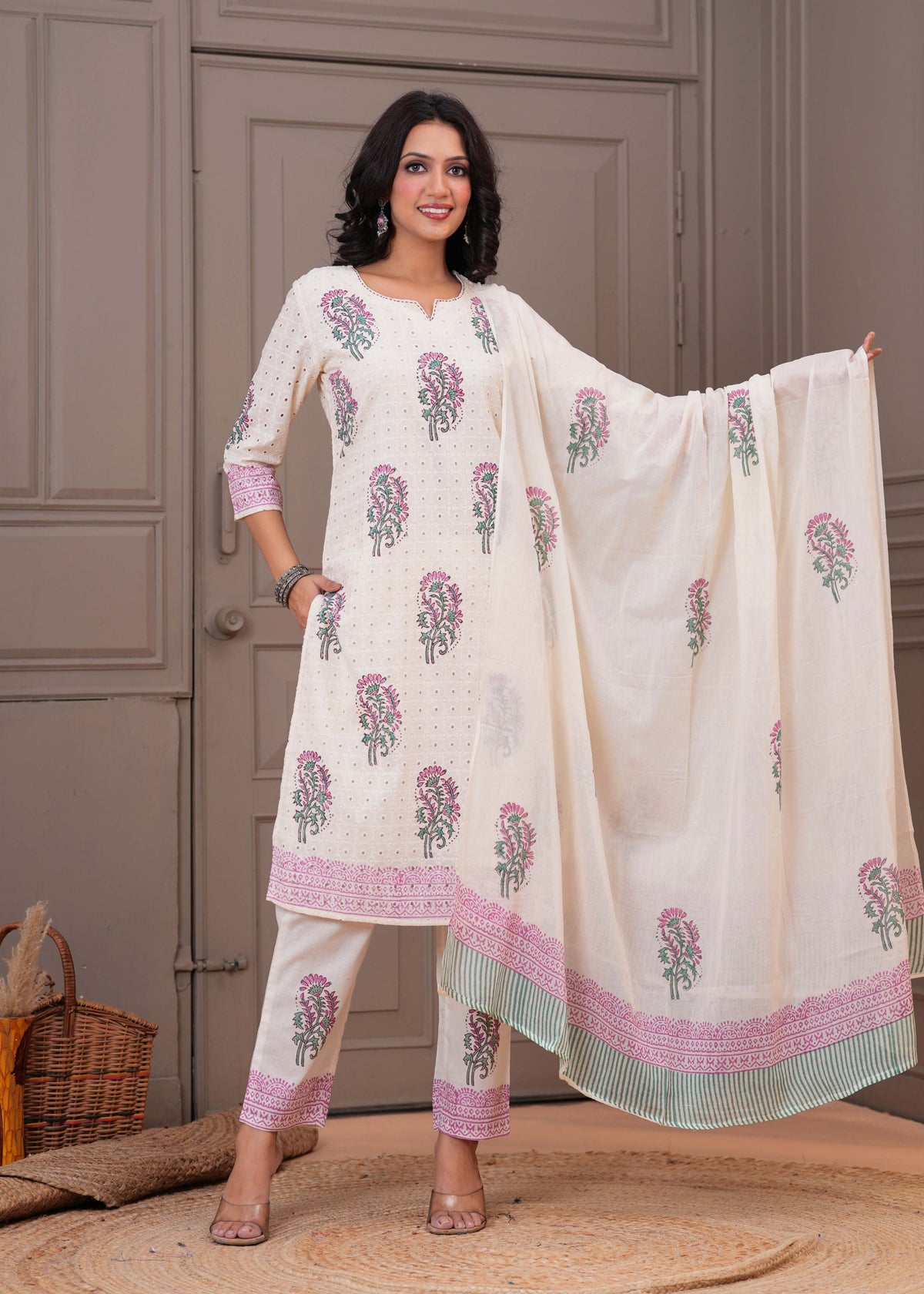 Floral Block Printed Schiffli Kurta with Pant & Pure Cotton Dupatta - Cream