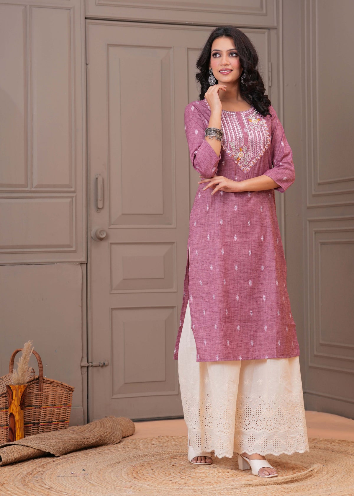 Ethnic Woven & Mirror Embroidered Straight Fit Kurta - Pink