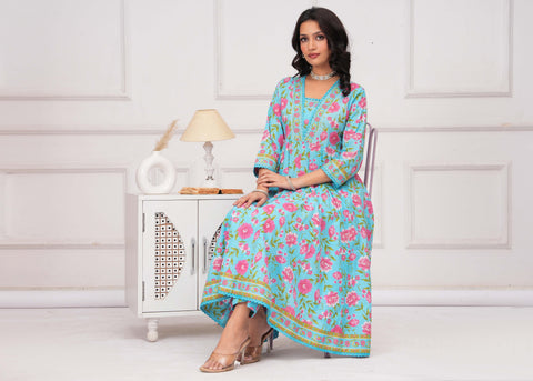 Blue Floral Printed Anarkali Cotton Suit  - Set of 3