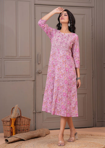 Floral Printed & Embroidered Anarkali Maxi Dress - Pink