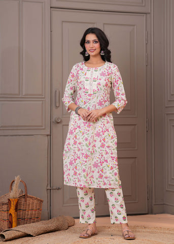 Floral Printed  Straight Kurta with Pant & Pure Cotton Dupatta - Off White