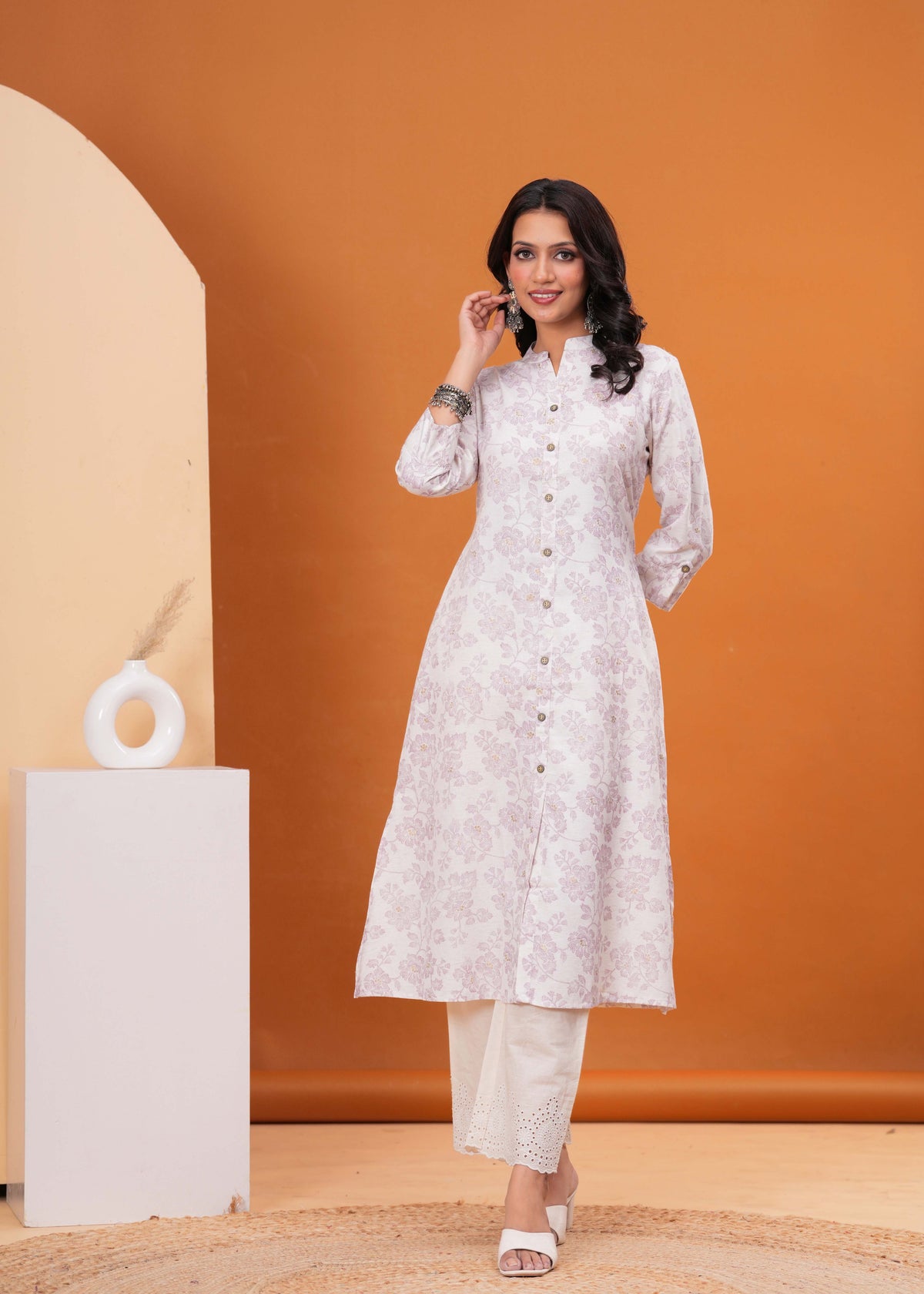Ethnic Floral Printed A-Line Flared Cotton Flax Kurta - Off White