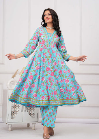 Blue Floral Printed Anarkali Cotton Suit  - Set of 3