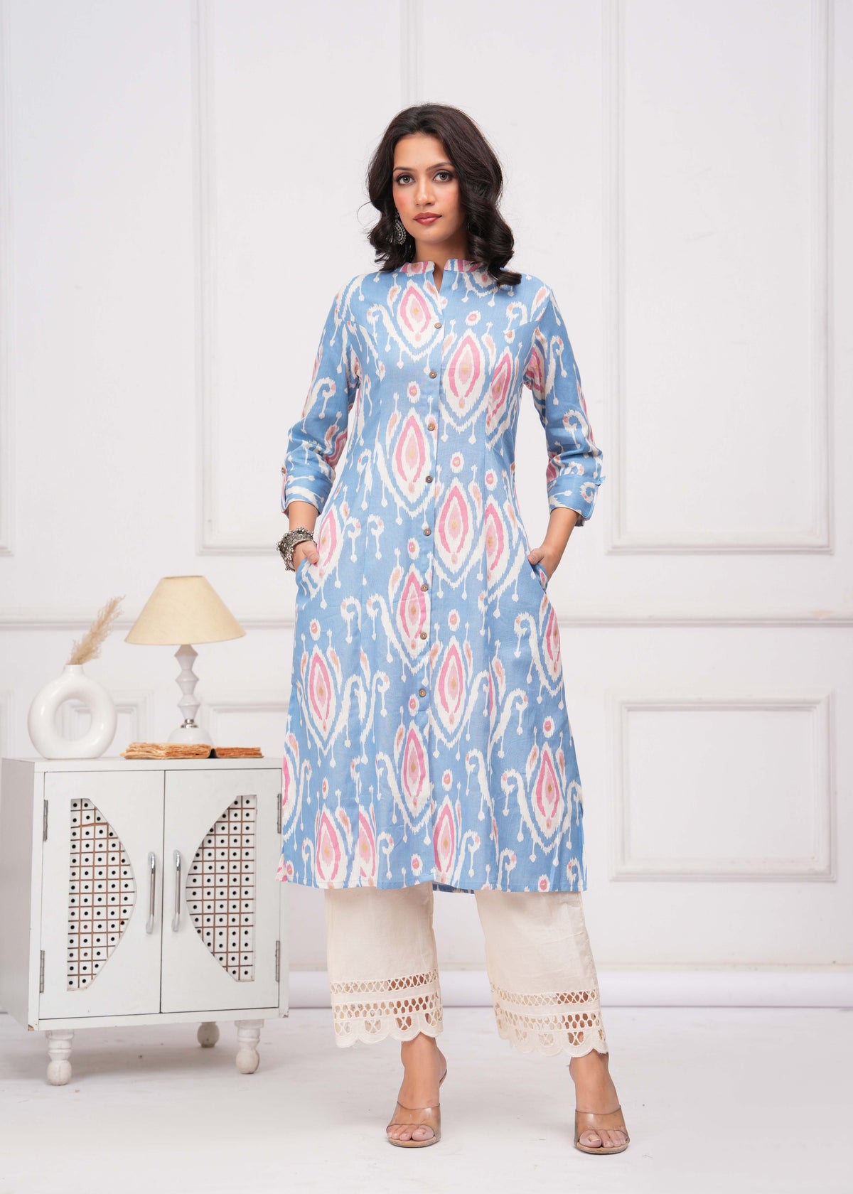 Ikat Printed A-Line Flared Cotton Flax Kurta - Blue