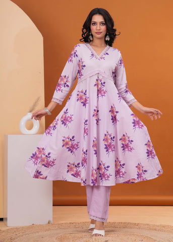 Lavender Floral Printed  A-Line Cotton Suit - Set of 3