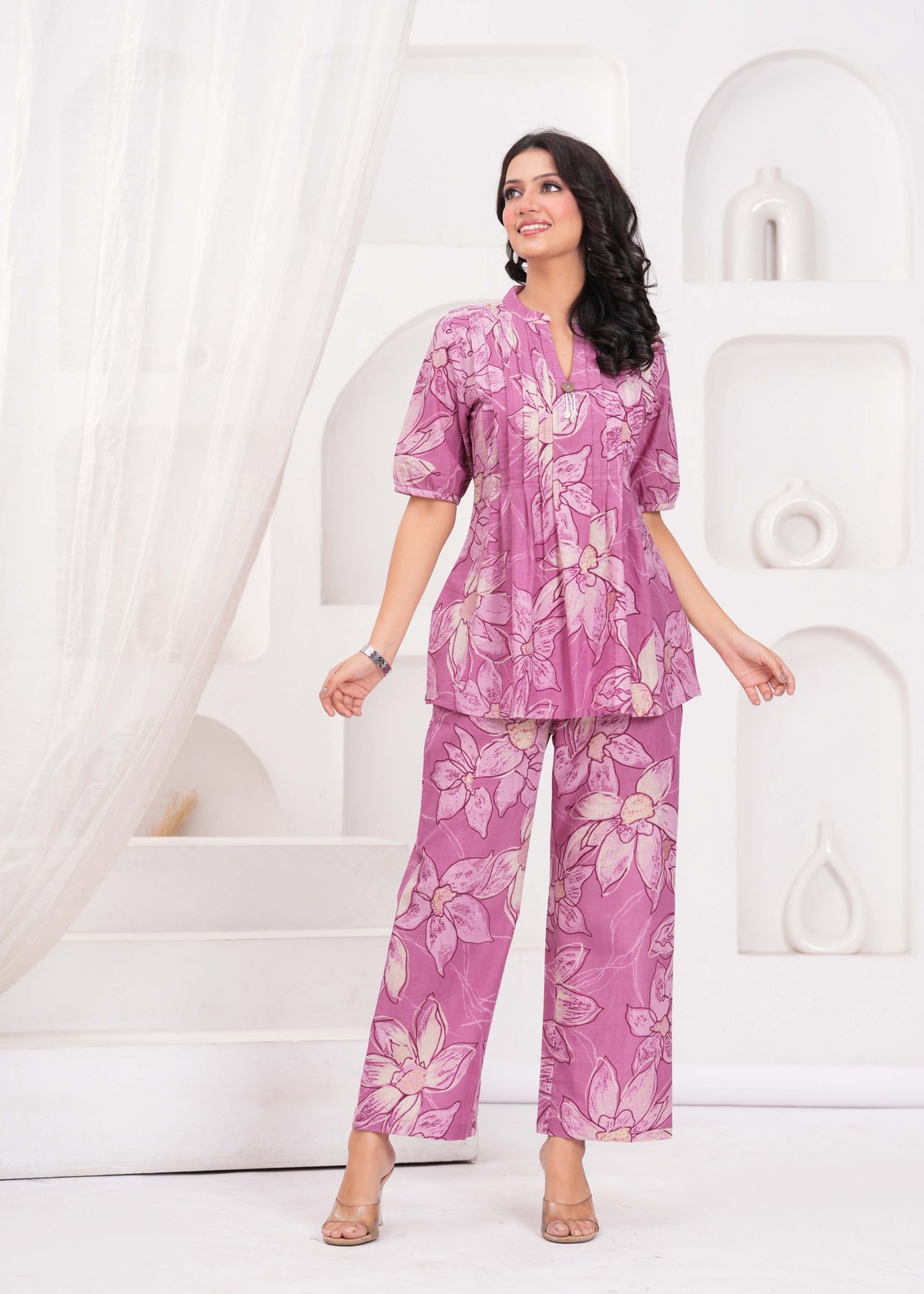 Pink Abstract Floral Printed Co-ord Set - Set of 2