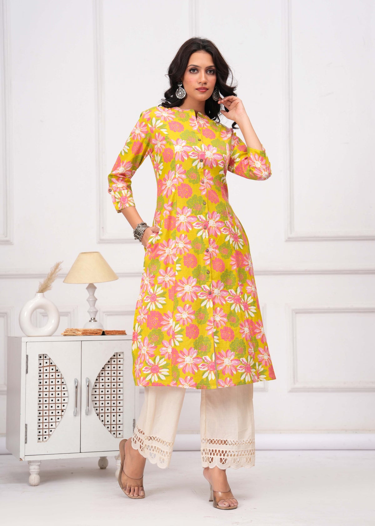 Abstract Floral Printed A-Line Paneled Cotton Flax Kurta - Lime Green