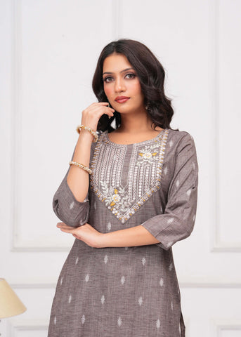 Ethnic Woven & Mirror Embroidered Straight Fit Kurta - Grey