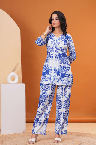 Ethnic Floral Printed Straight Fit Co-ord Set - Blue