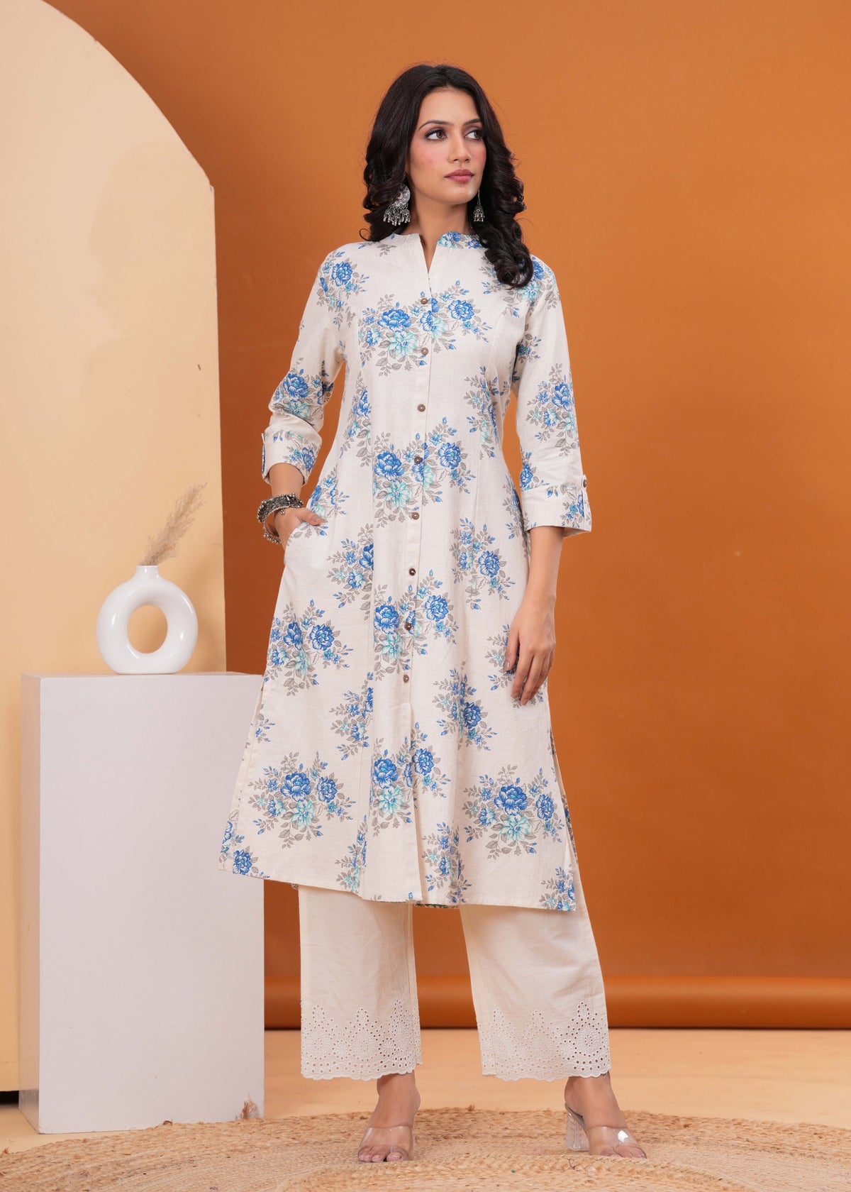Floral Printed A-Line Flared Cotton Flax Kurta - Off White
