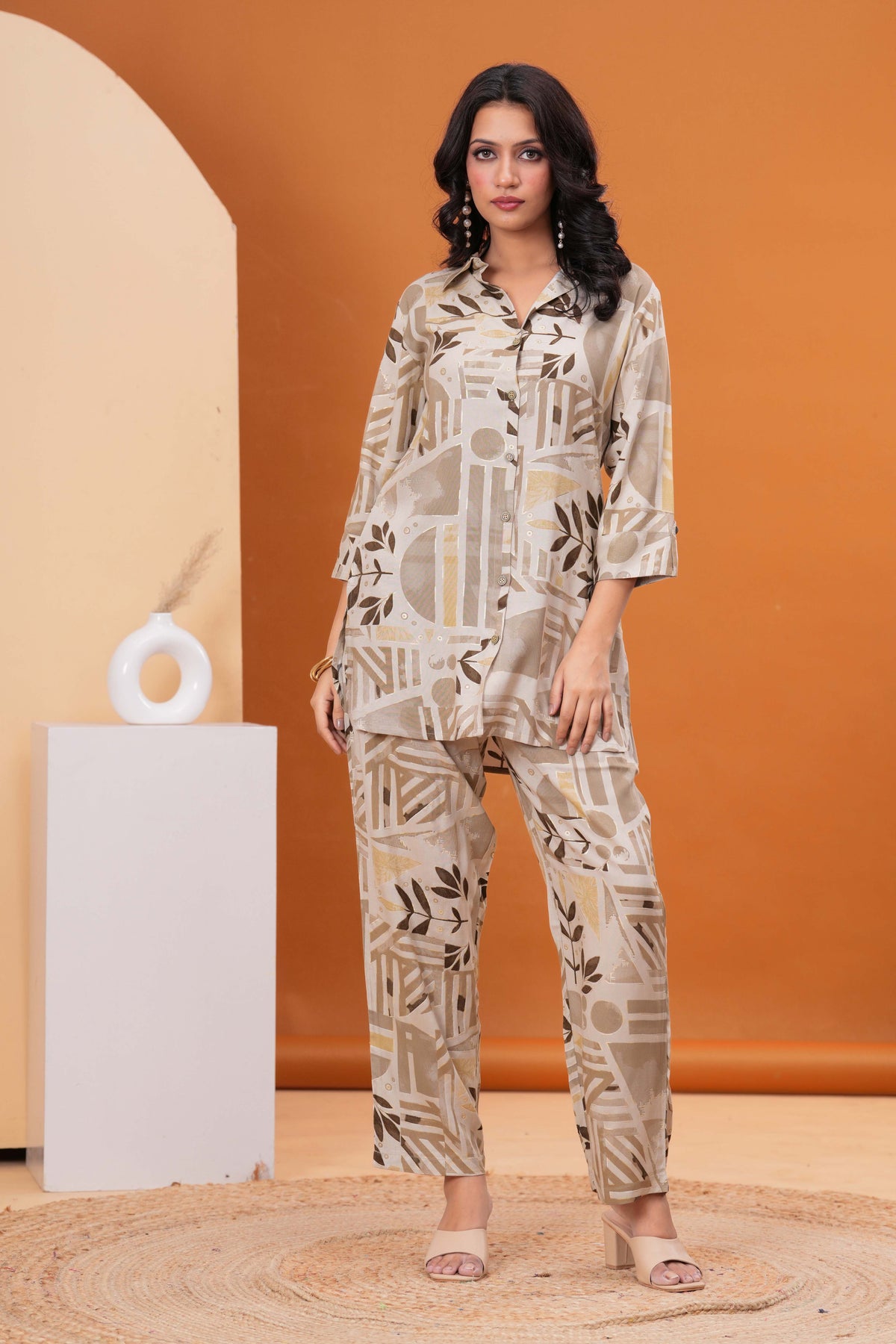 Geometric Floral Foil Printed Straight Fit Co-ord Set - Tan