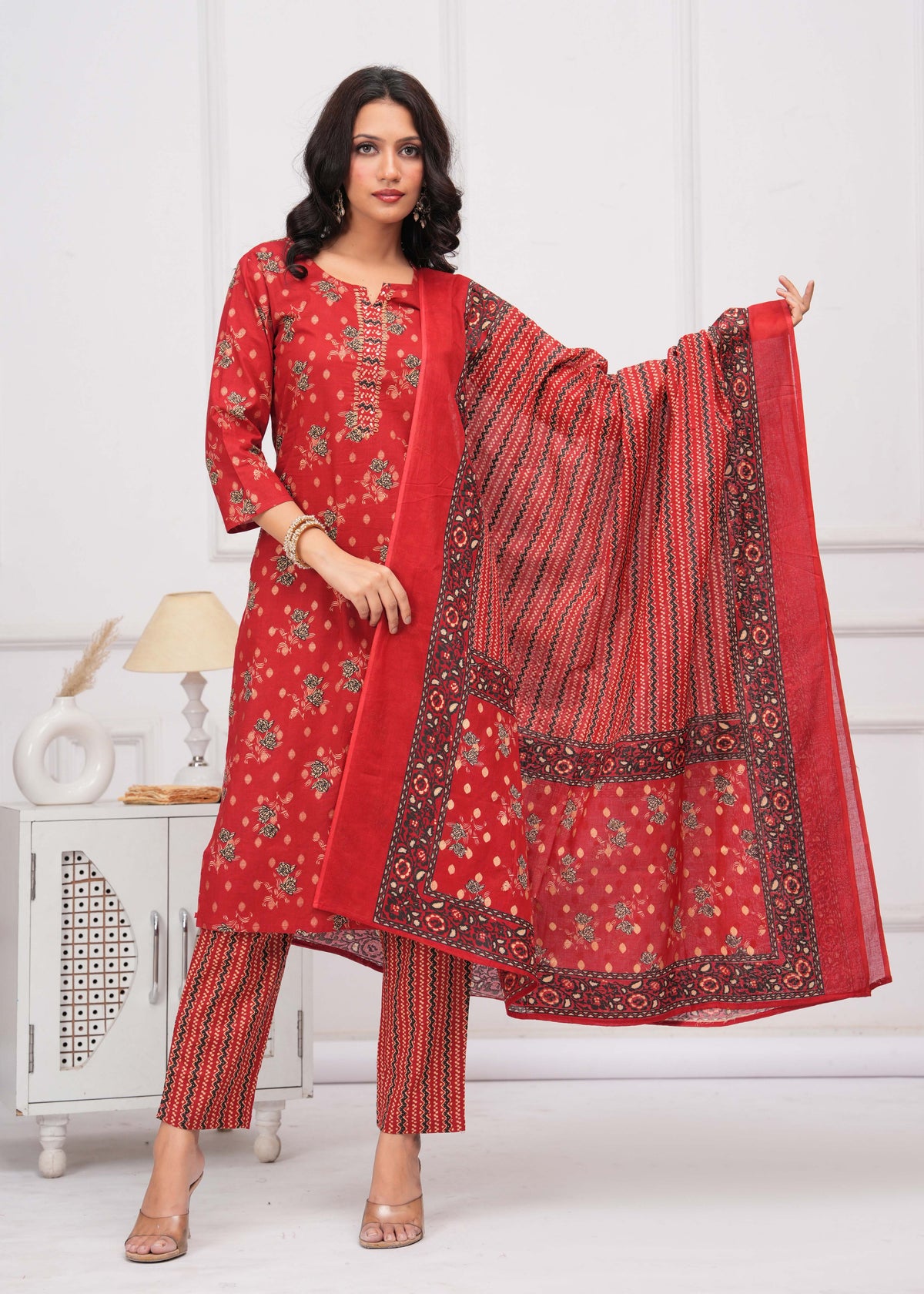 Floral & Stripes Printed Straight Kurta with Pant & Pure Cotton Dupatta - Red