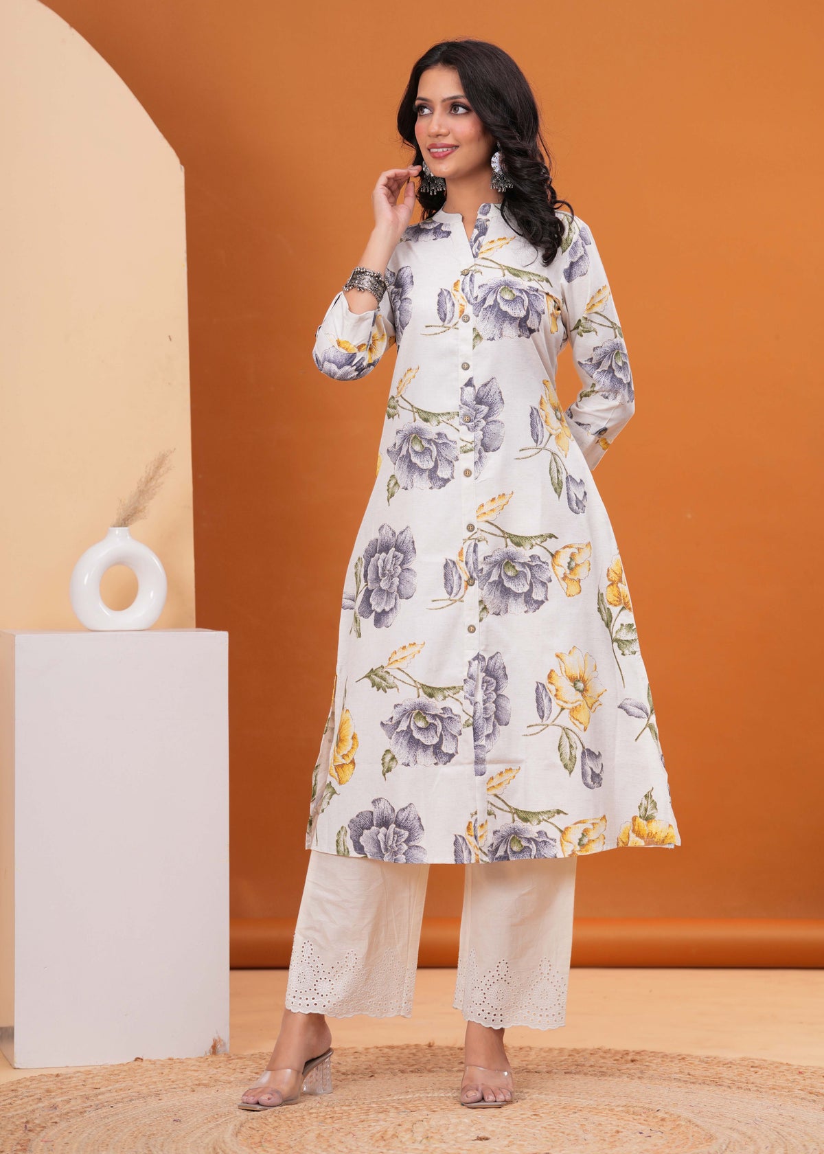 Abstract Floral Printed A-Line Flared Cotton Flax Kurta - Off White