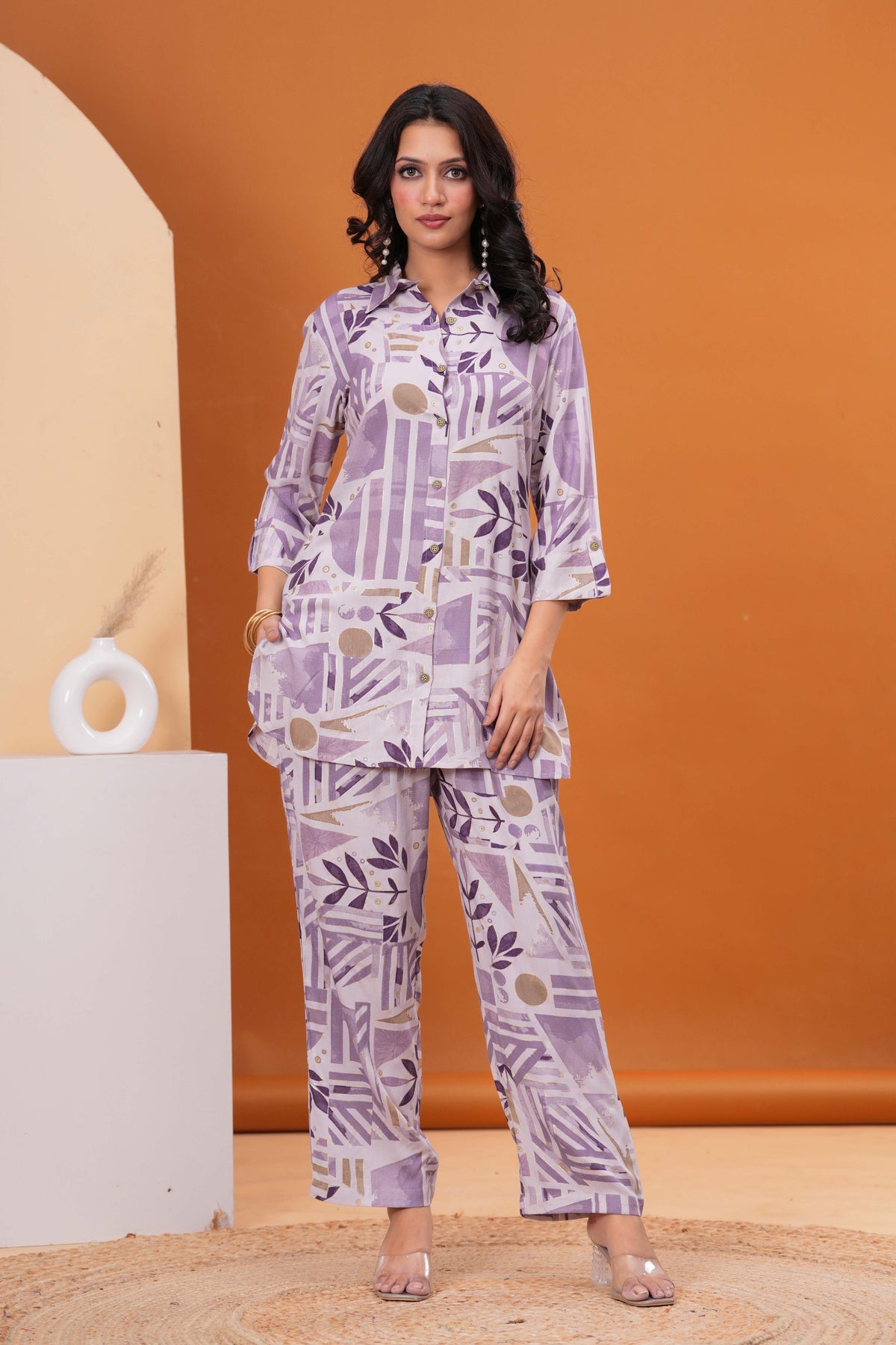 Geometric Floral Foil Printed Straight Fit Co-ord Set - Purple