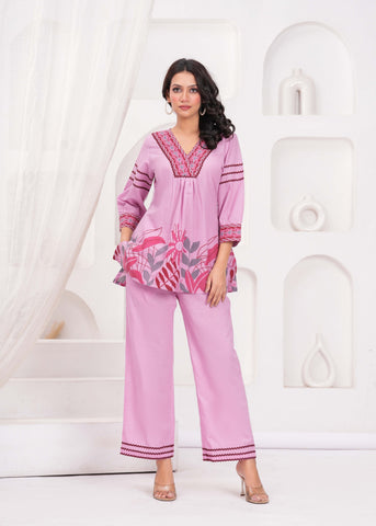 Mauve Abstract Floral Printed A-Line Co-ord Set - Set of 2