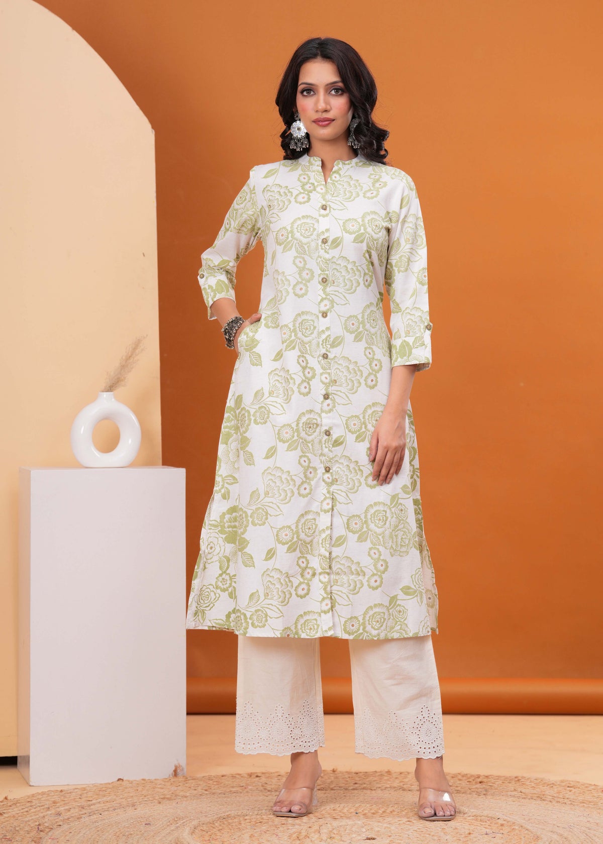 Ethnic Floral Printed A-Line Flared Cotton Flax Kurta - Off White