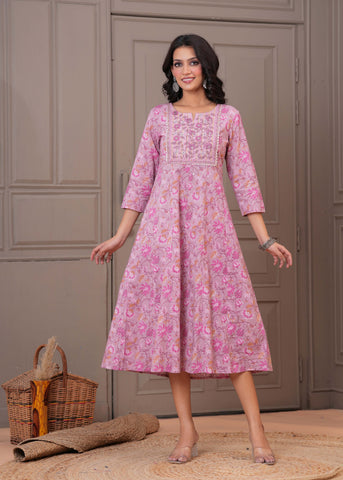 Floral Printed & Embroidered Anarkali Maxi Dress - Pink