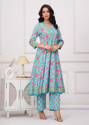 Blue Floral Printed Anarkali Cotton Suit  - Set of 3