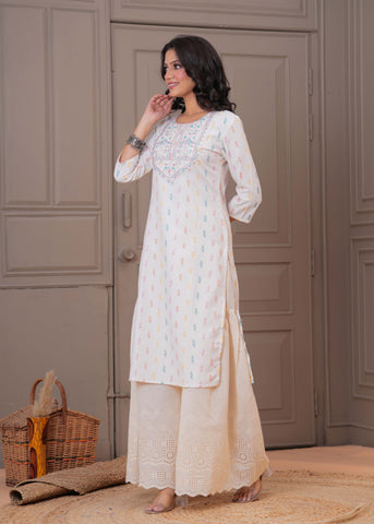 Ethnic Woven & Resham Embroidered Straight Fit Kurta - Off White