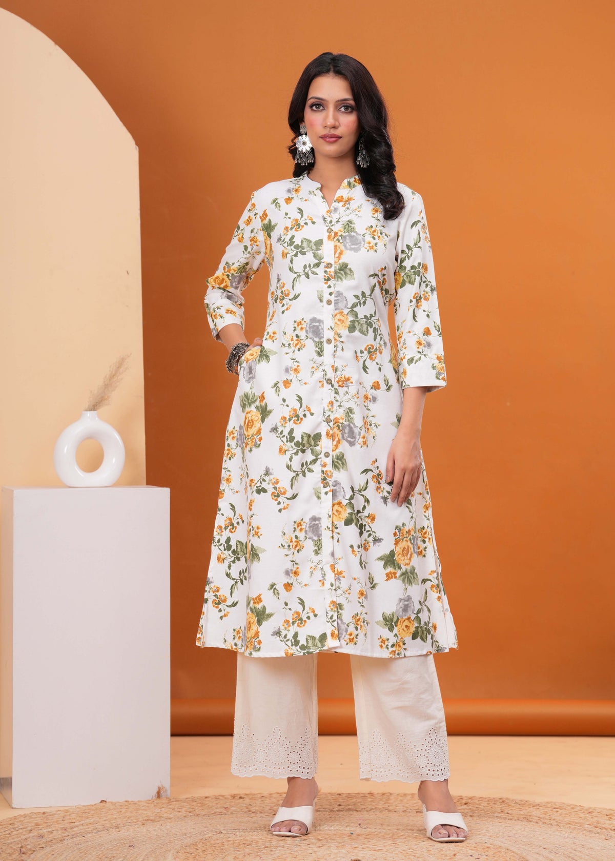 Floral Printed A-Line Flared Cotton Flax Kurta - Off White