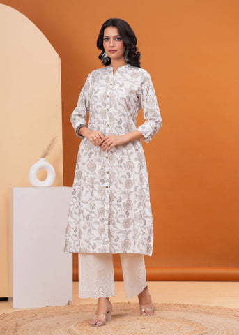 Ethnic Floral Printed A-Line Flared Cotton Flax Kurta - Off White