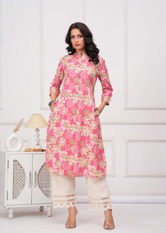 Abstract Floral Printed A-Line Paneled Cotton Flax Kurta - Pink