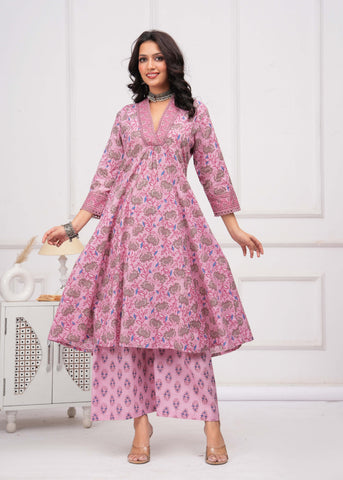 Pink Floral Printed A-Line Kurta with Palazzo - Set of 2