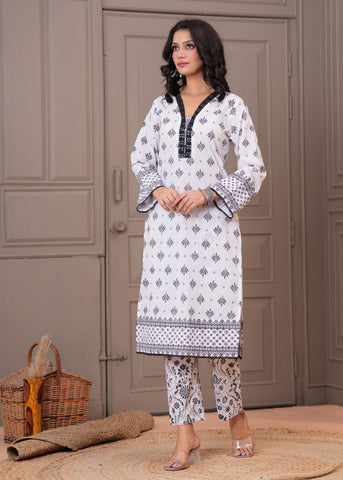 White Ethnic Floral Printed Straight Kurta with Pant - Set of 2