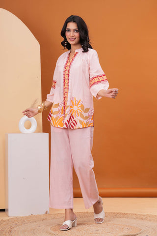 Peach Abstract Floral Printed A-Line Co-ord Set - Set of 2
