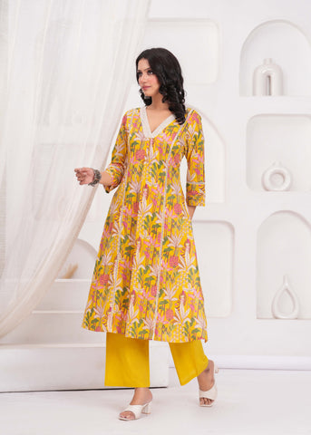Yellow Floral Printed A-Line Kurta with Palazzo - Set of 2