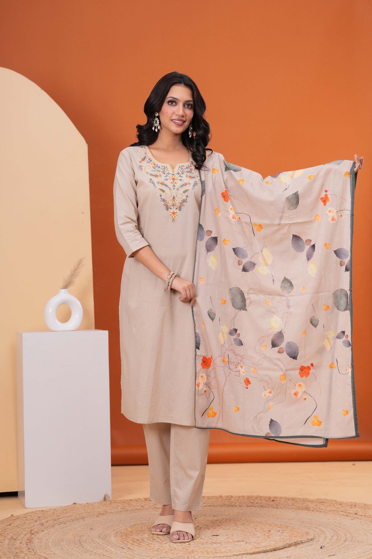 Solid Floral Embroidered Straight Kurta with Pant & Printed Dupatta - Taupe