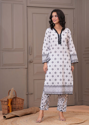 White Ethnic Floral Printed Straight Kurta with Pant - Set of 2