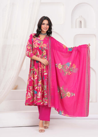 Pink Floral Printed  A-Line Cotton Suit  - Set of 3