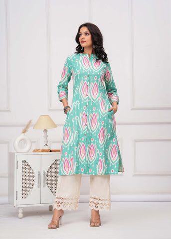 Ikat Printed A-Line Flared Cotton Flax Kurta - Turquoise Blue