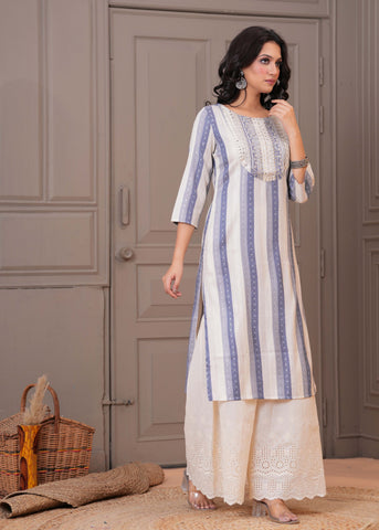 Ethnic Stripes Woven & Sequin Embroidered Straight Fit Kurta