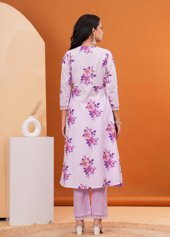 Lavender Floral Printed  A-Line Cotton Suit - Set of 3