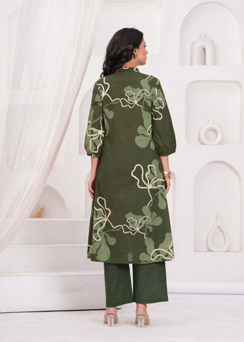 Green Abstract Embroidered A-Line Kurta with Palazzo - Set of 2