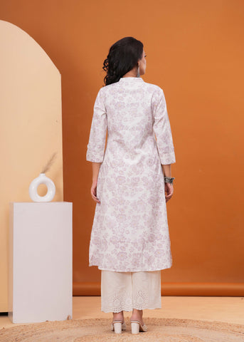 Ethnic Floral Printed A-Line Flared Cotton Flax Kurta - Off White