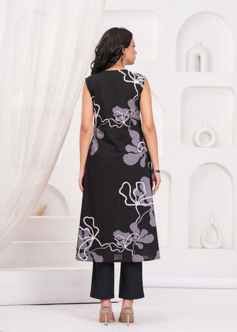 Abstract Floral Printed & Embroidered A-Line Kurta with Palazzo - Black