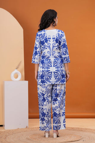 Ethnic Floral Printed Straight Fit Co-ord Set - Blue